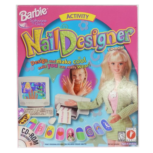 1998 Barbie Nail Designer CD Rom Windows 95 Game E Printable Nail Stickers 90s - Picture 1 of 9